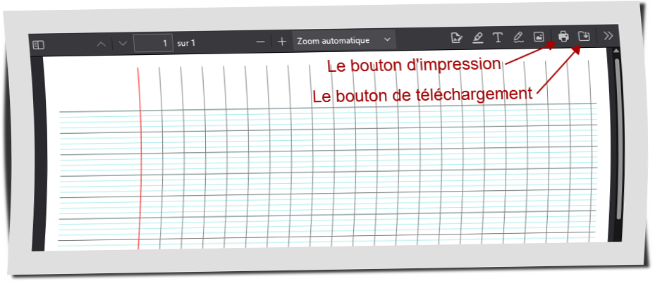 Le PDF de feuilles type lignage Seyes généré et les boutons de téléchargement et d'impression