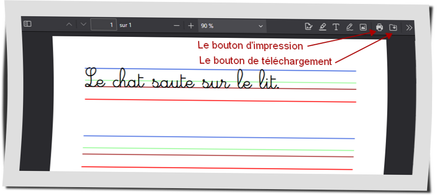 Le PDF de feuilles type lignage Seyes généré et les boutons de téléchargement et d'impression