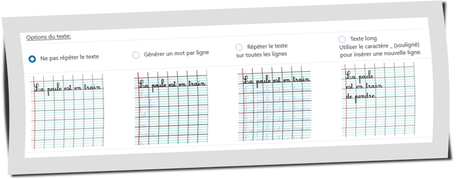 Options de répétition du texte du générateur d'apprentissage de l'écriture sur lignes Seyes