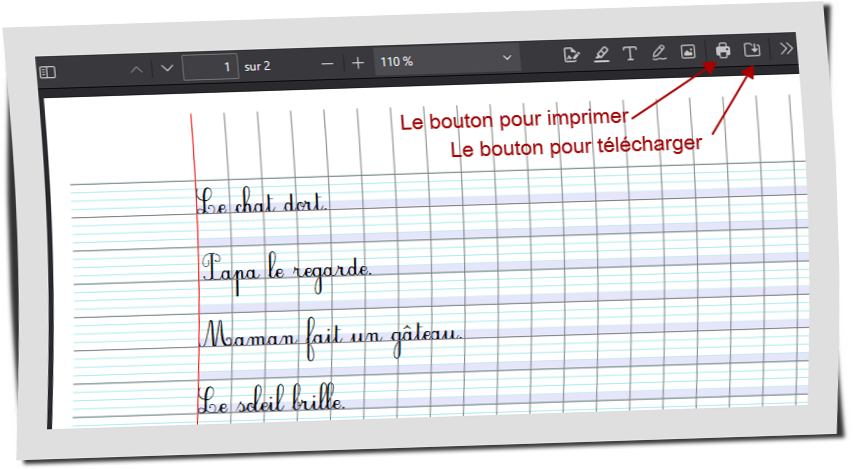 Impression ou sauvegarde de la feuille d'apprentissage de l'écriture sur ligne de Seyes du site www.desmoulins.fr